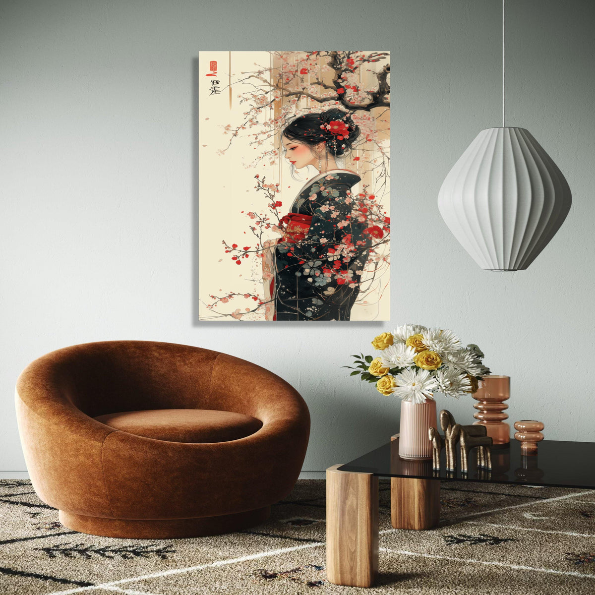 Elegant Geisha Woman with Cherry Blossoms, Japanese Kimono Canvas Wall Art, Asian Traditional Portrait, Floral Gift Art, Home Decor, Print