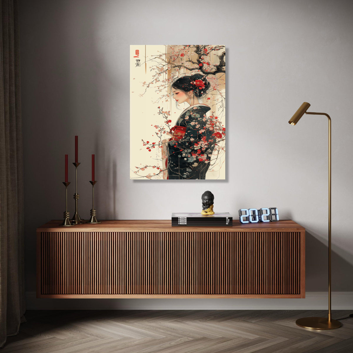 Elegant Geisha Woman with Cherry Blossoms, Japanese Kimono Canvas Wall Art, Asian Traditional Portrait, Floral Gift Art, Home Decor, Print