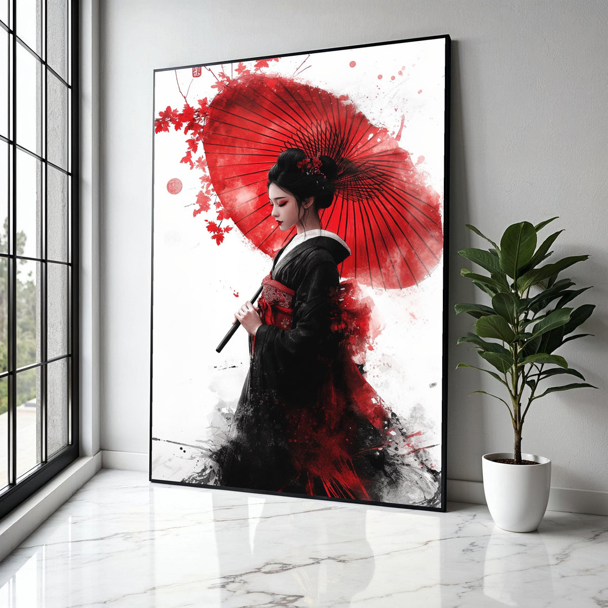 Elegant Geisha with Red Umbrella Canvas Wall Art, Japanese Woman Portrait, Asian Culture Decor, Traditional Gift Art, Home Decor, Print