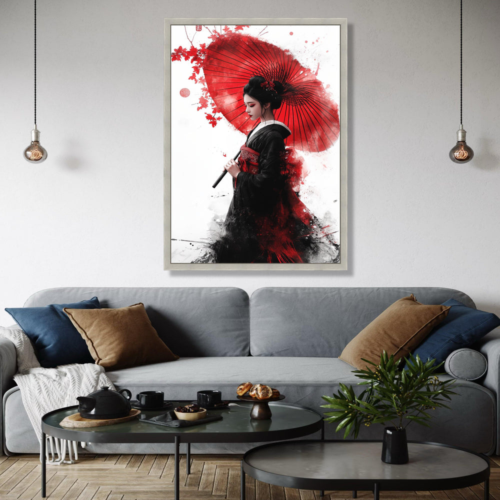 Elegant Geisha with Red Umbrella Canvas Wall Art, Japanese Woman Portrait, Asian Culture Decor, Traditional Gift Art, Home Decor, Print