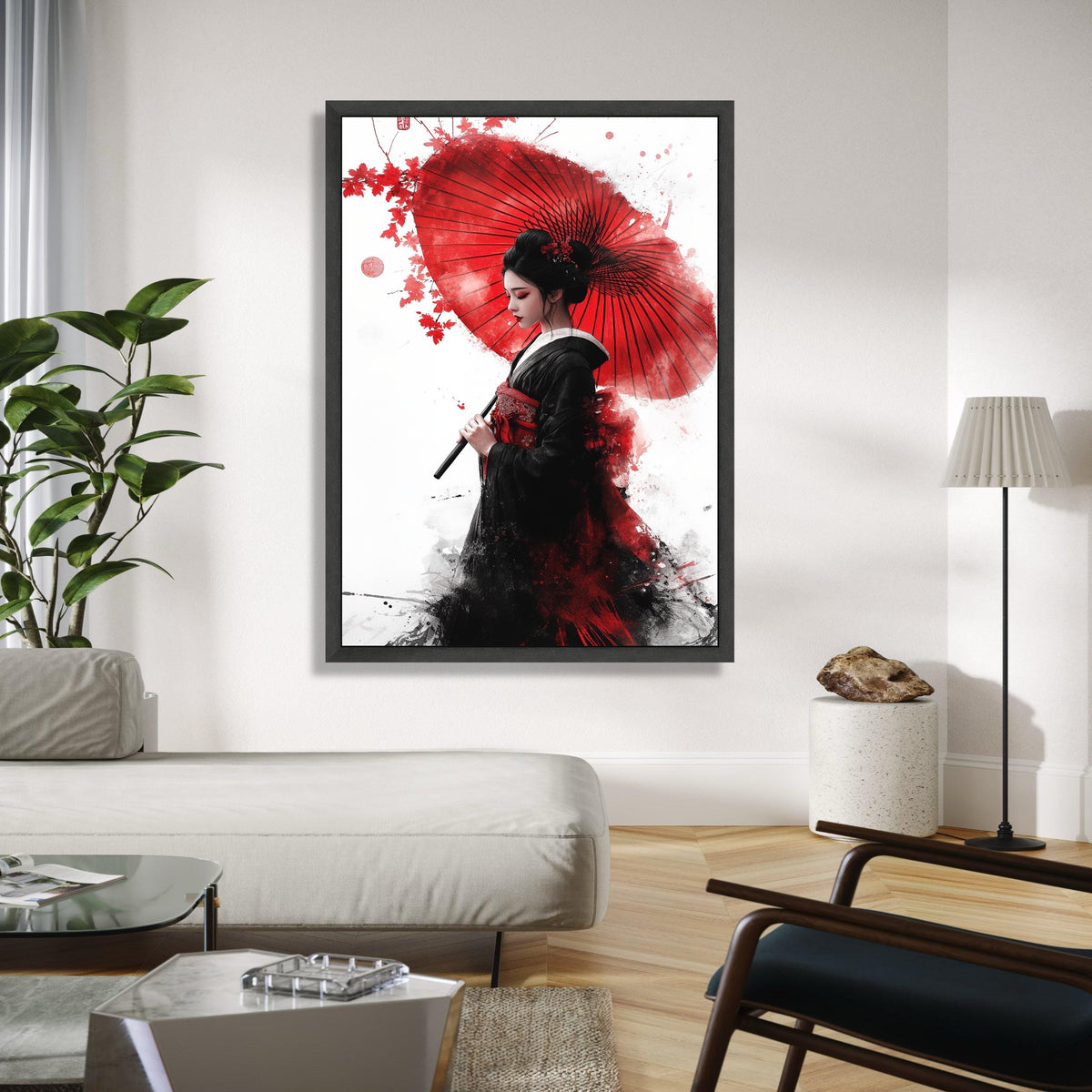 Elegant Geisha with Red Umbrella Canvas Wall Art, Japanese Woman Portrait, Asian Culture Decor, Traditional Gift Art, Home Decor, Print