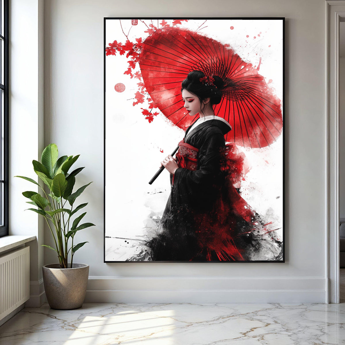Elegant Geisha with Red Umbrella Canvas Wall Art, Japanese Woman Portrait, Asian Culture Decor, Traditional Gift Art, Home Decor, Print