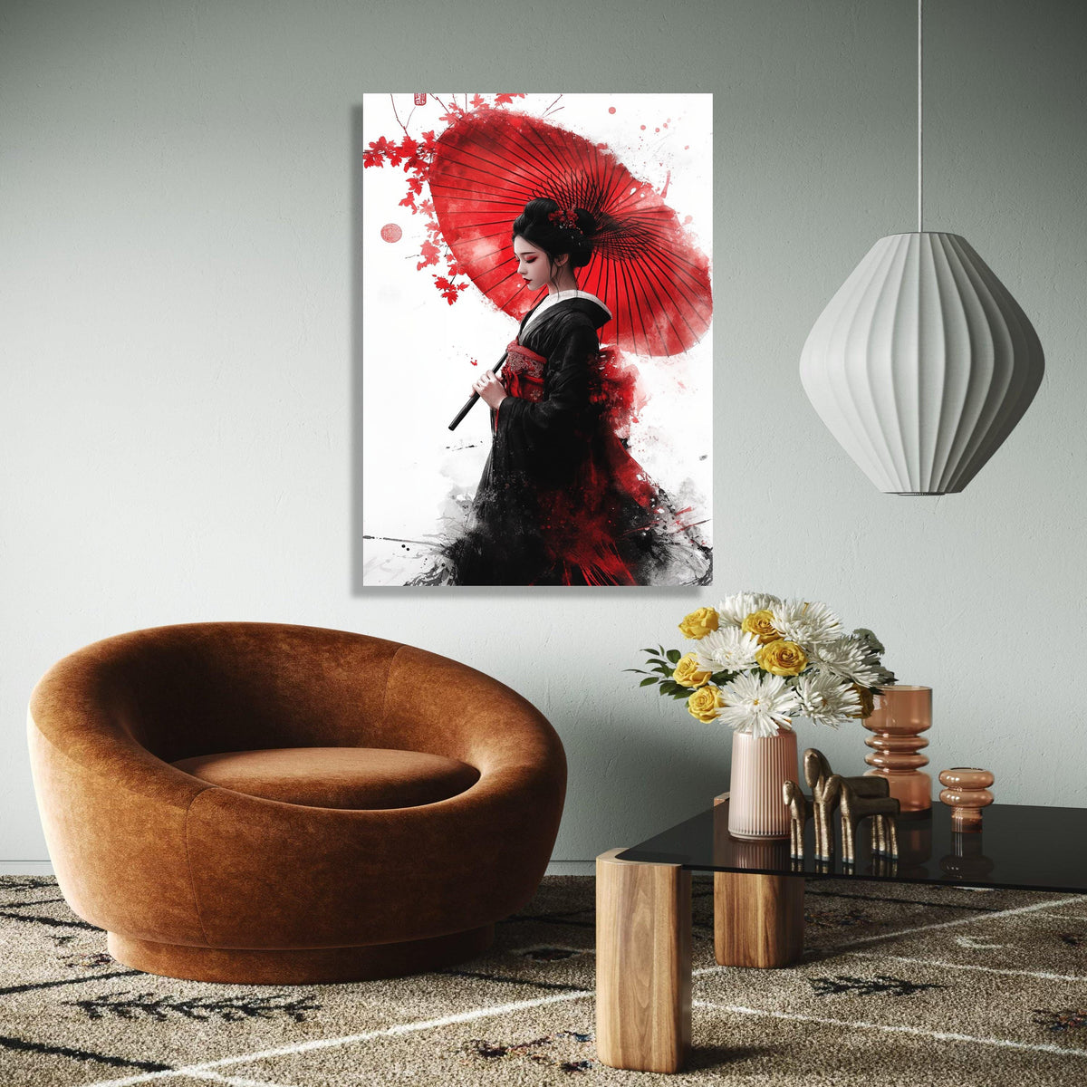 Elegant Geisha with Red Umbrella Canvas Wall Art, Japanese Woman Portrait, Asian Culture Decor, Traditional Gift Art, Home Decor, Print