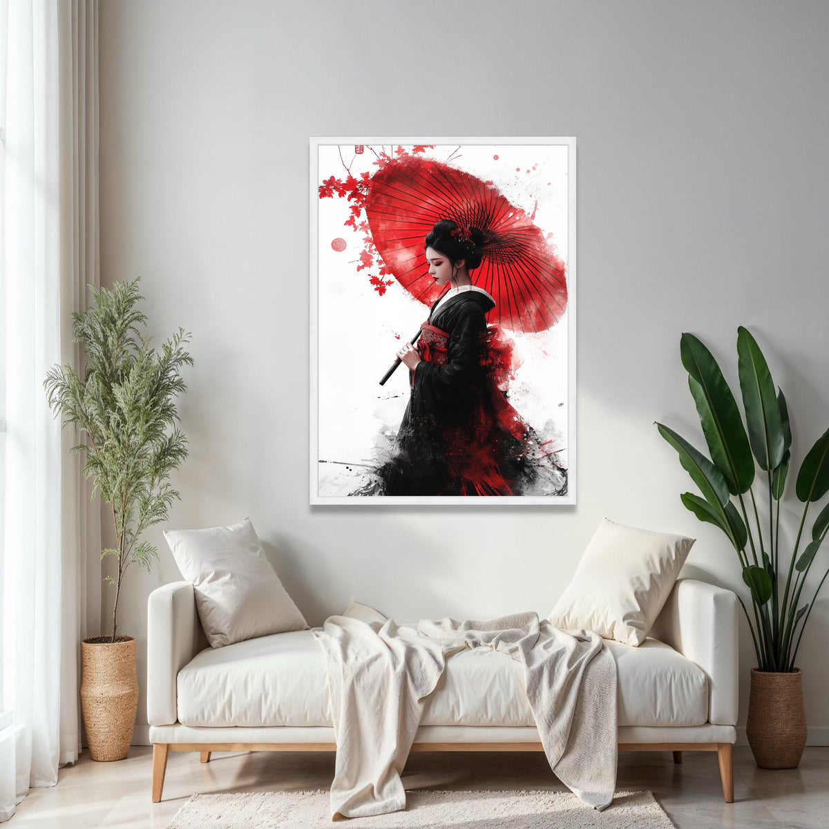 Elegant Geisha with Red Umbrella Canvas Wall Art, Japanese Woman Portrait, Asian Culture Decor, Traditional Gift Art, Home Decor, Print