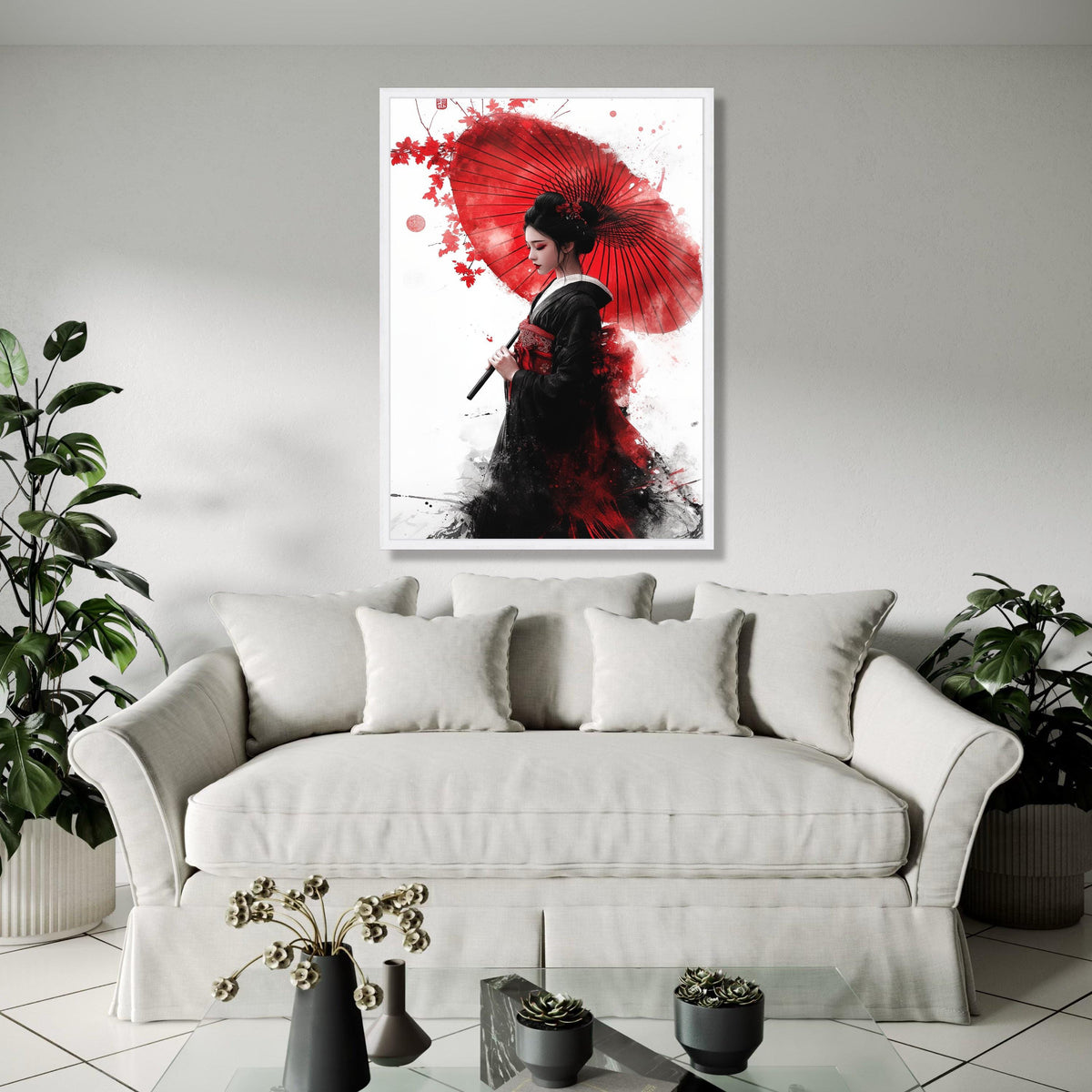 Elegant Geisha with Red Umbrella Canvas Wall Art, Japanese Woman Portrait, Asian Culture Decor, Traditional Gift Art, Home Decor, Print