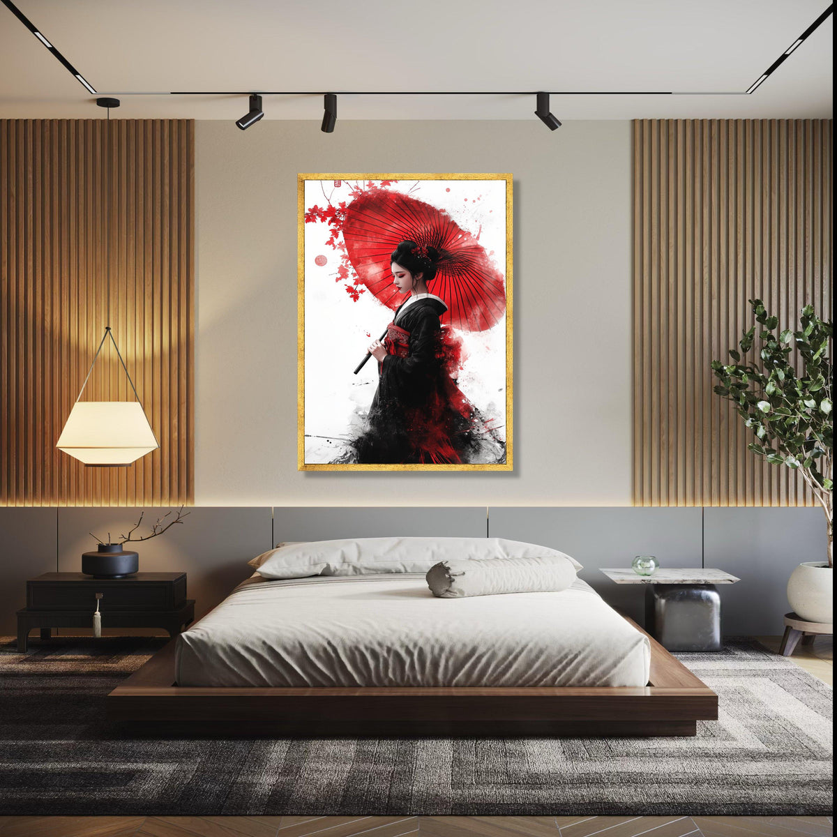 Elegant Geisha with Red Umbrella Canvas Wall Art, Japanese Woman Portrait, Asian Culture Decor, Traditional Gift Art, Home Decor, Print