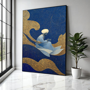 Mystic Sufi Dervish, Spiritual Figure Canvas, Islamic Art Wall Decor, Blue Gold Abstract Background, Meditation Gift Art, Home Decor, Print