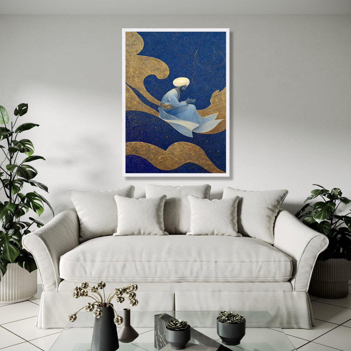 Mystic Sufi Dervish, Spiritual Figure Canvas, Islamic Art Wall Decor, Blue Gold Abstract Background, Meditation Gift Art, Home Decor, Print