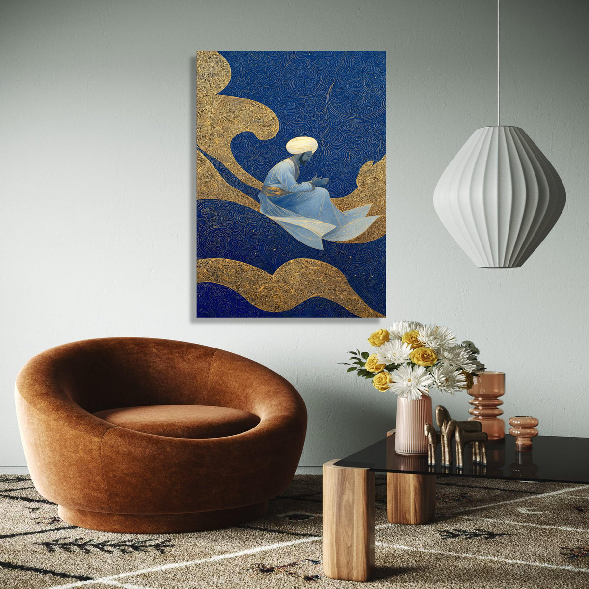 Mystic Sufi Dervish, Spiritual Figure Canvas, Islamic Art Wall Decor, Blue Gold Abstract Background, Meditation Gift Art, Home Decor, Print