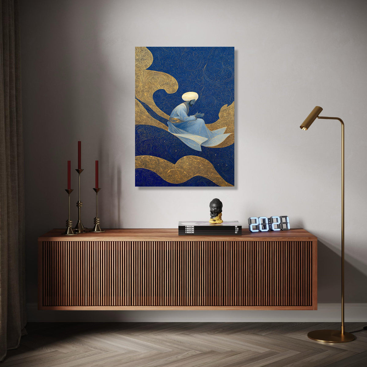 Mystic Sufi Dervish, Spiritual Figure Canvas, Islamic Art Wall Decor, Blue Gold Abstract Background, Meditation Gift Art, Home Decor, Print
