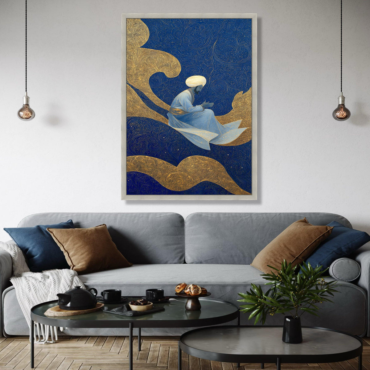 Mystic Sufi Dervish, Spiritual Figure Canvas, Islamic Art Wall Decor, Blue Gold Abstract Background, Meditation Gift Art, Home Decor, Print
