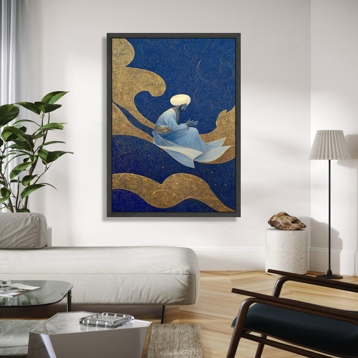 Mystic Sufi Dervish, Spiritual Figure Canvas, Islamic Art Wall Decor, Blue Gold Abstract Background, Meditation Gift Art, Home Decor, Print