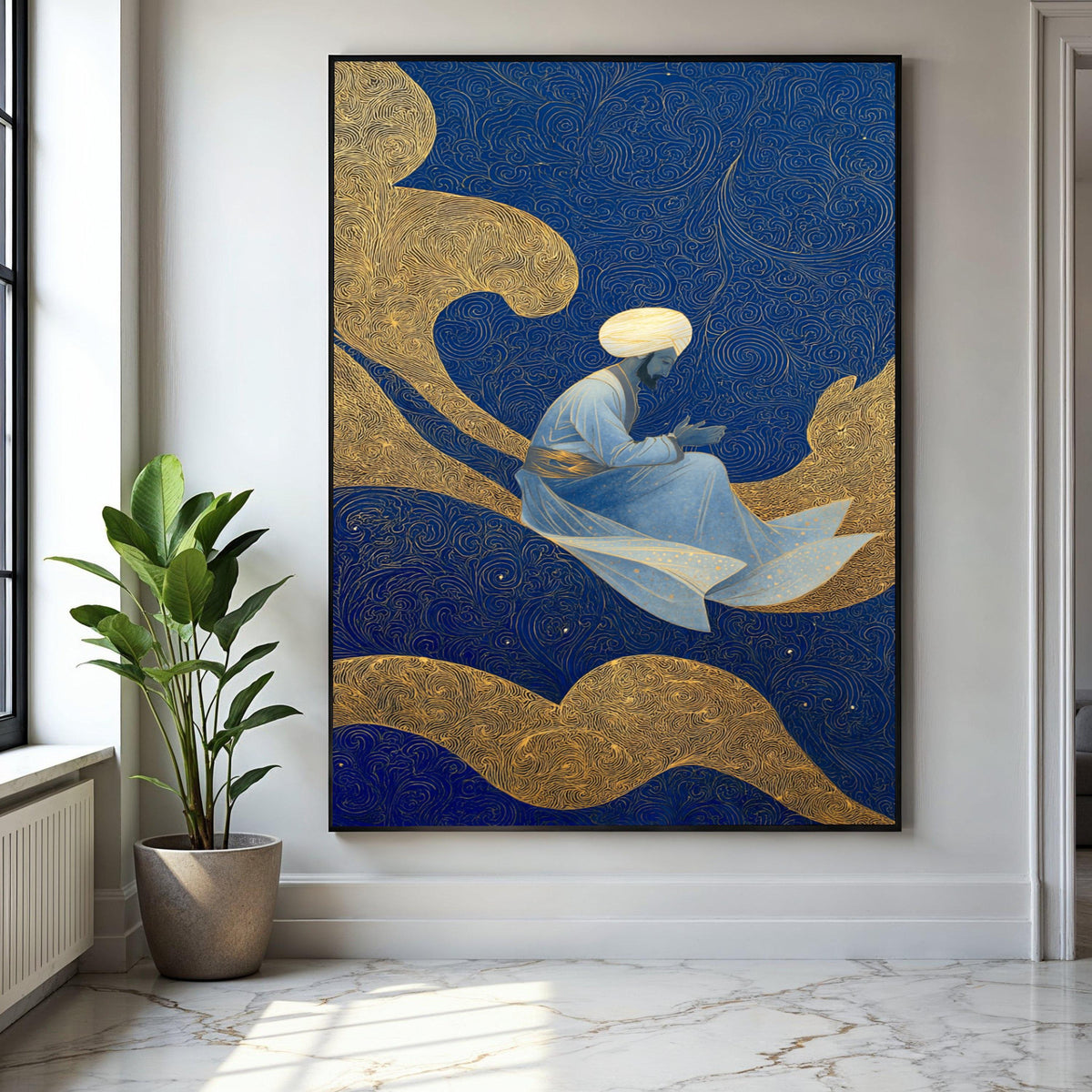 Mystic Sufi Dervish, Spiritual Figure Canvas, Islamic Art Wall Decor, Blue Gold Abstract Background, Meditation Gift Art, Home Decor, Print