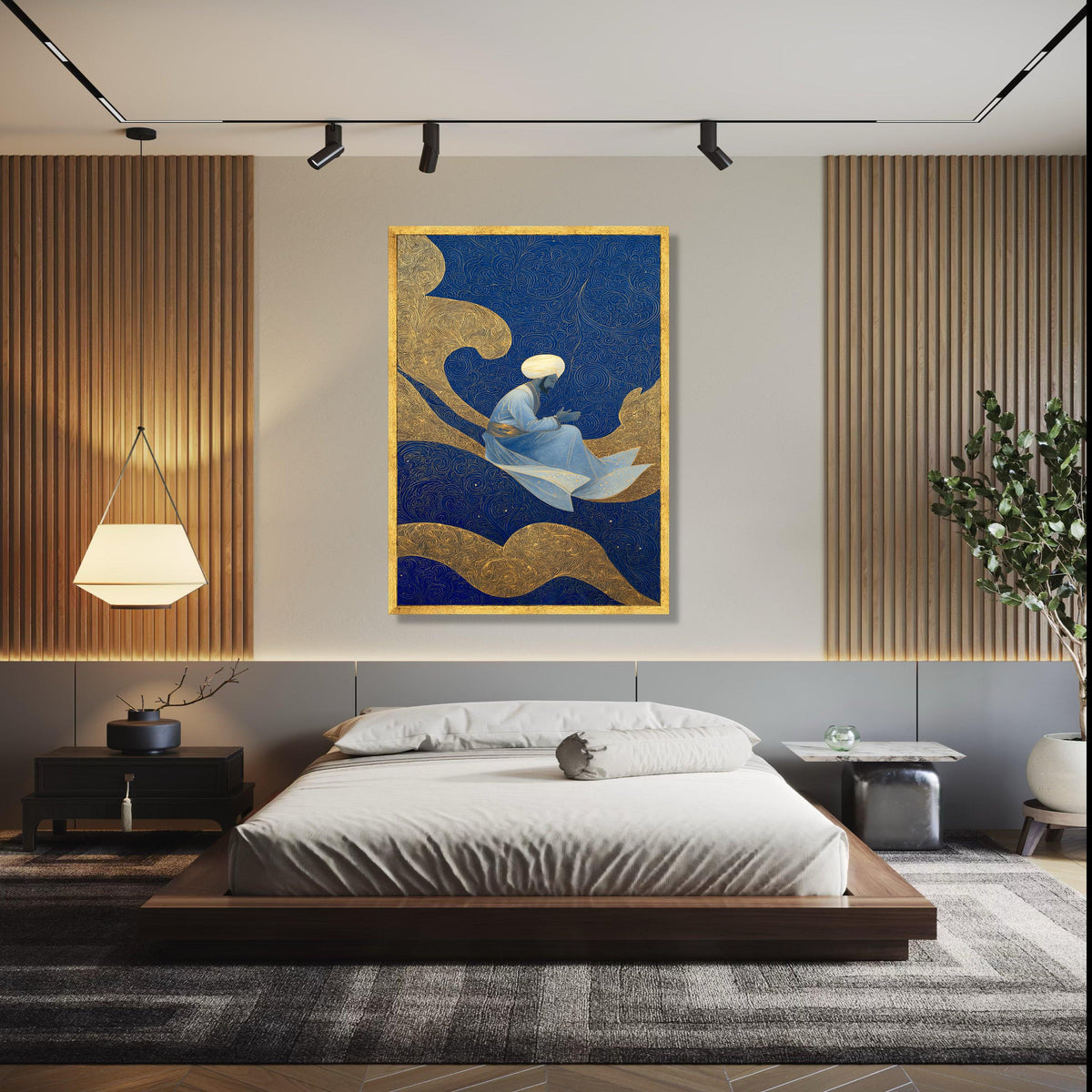 Mystic Sufi Dervish, Spiritual Figure Canvas, Islamic Art Wall Decor, Blue Gold Abstract Background, Meditation Gift Art, Home Decor, Print