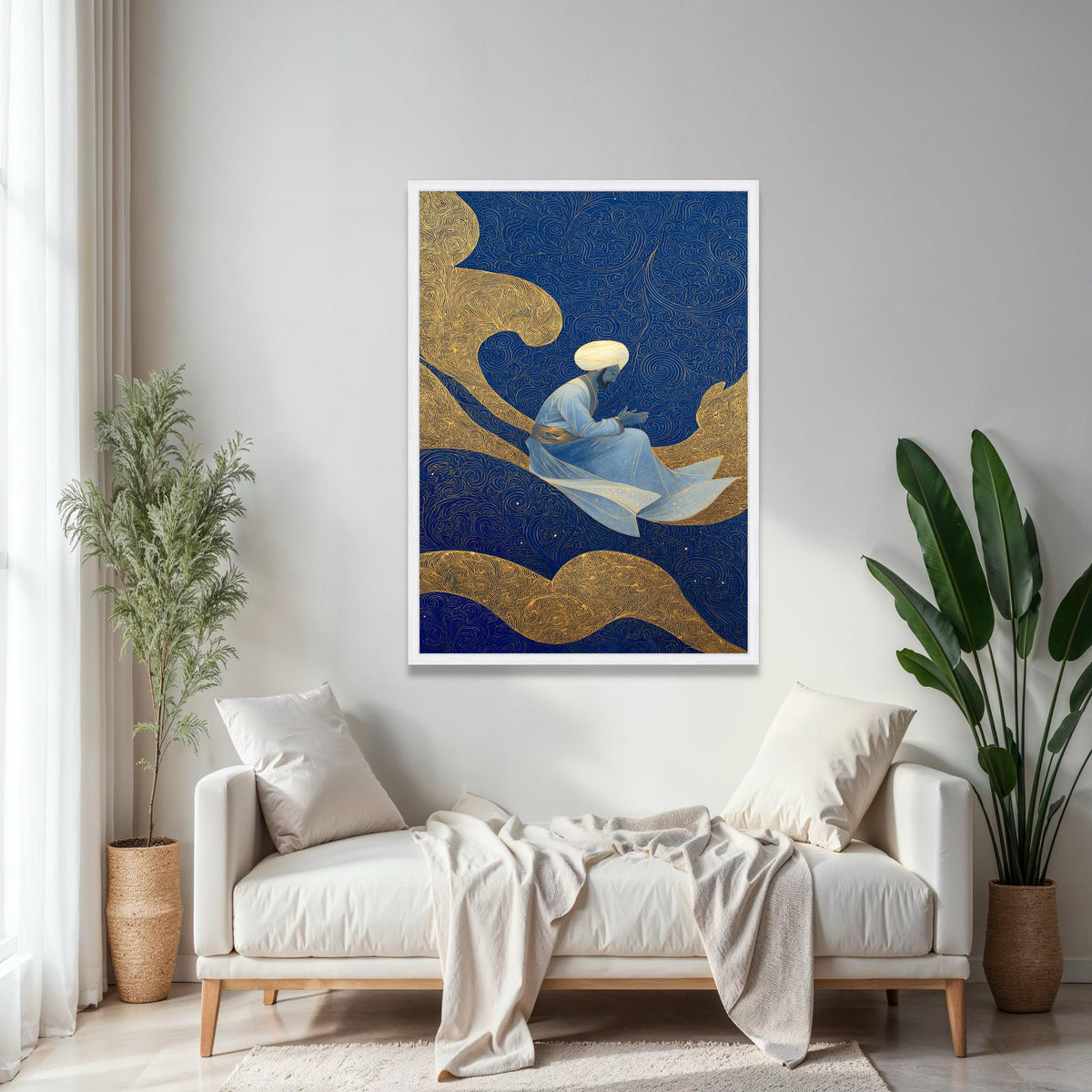 Mystic Sufi Dervish, Spiritual Figure Canvas, Islamic Art Wall Decor, Blue Gold Abstract Background, Meditation Gift Art, Home Decor, Print