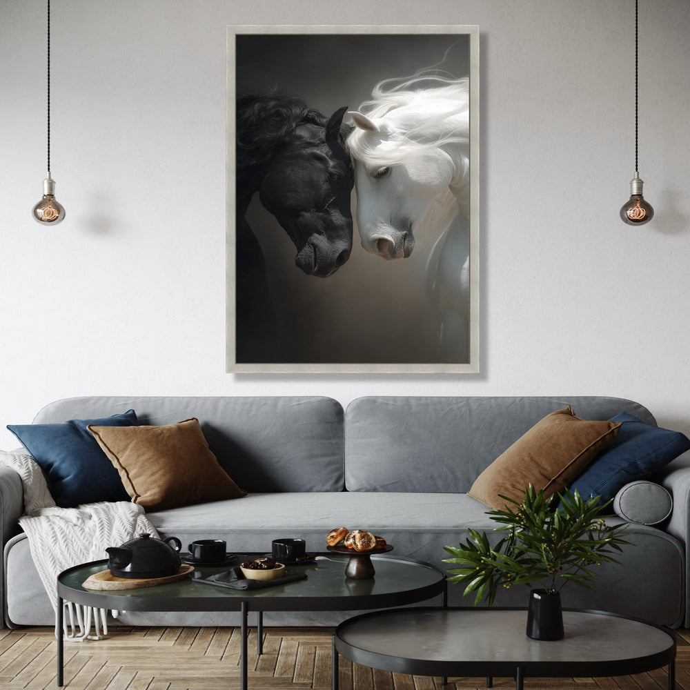 Black and White Horses Canvas Wall Art, Equine Portrait Canvas, Animal Love Wall Decor, Dual Tone Horse Artwork, Gift Art, Home Decor, Print