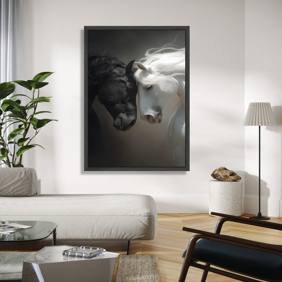 Black and White Horses Canvas Wall Art, Equine Portrait Canvas, Animal Love Wall Decor, Dual Tone Horse Artwork, Gift Art, Home Decor, Print
