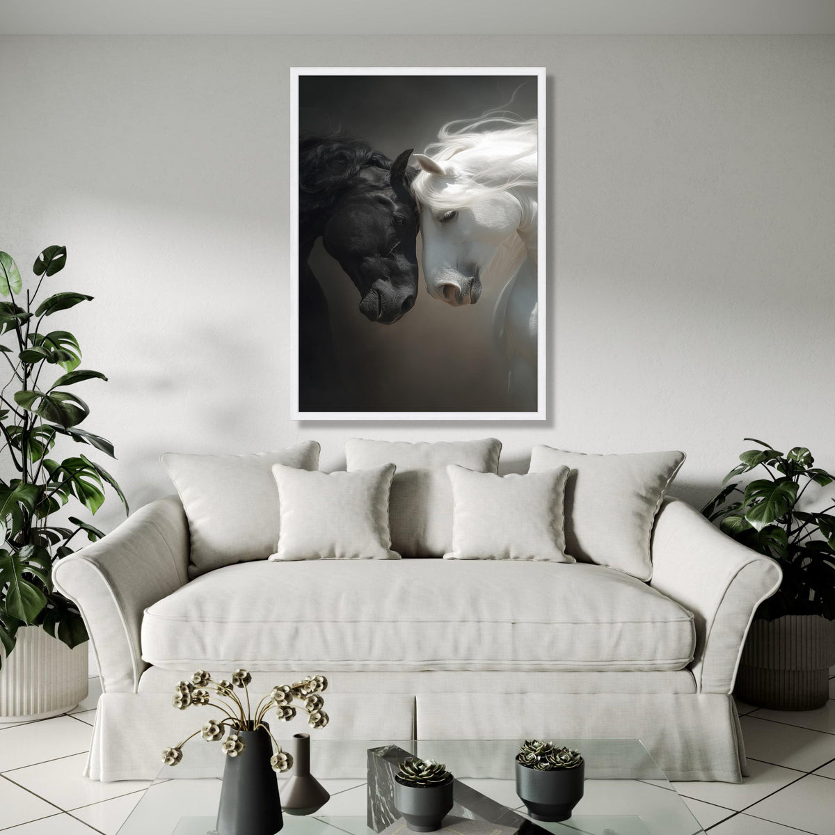 Black and White Horses Canvas Wall Art, Equine Portrait Canvas, Animal Love Wall Decor, Dual Tone Horse Artwork, Gift Art, Home Decor, Print