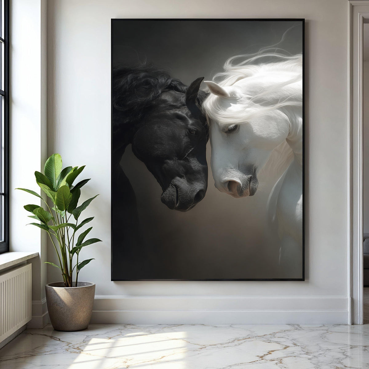 Black and White Horses Canvas Wall Art, Equine Portrait Canvas, Animal Love Wall Decor, Dual Tone Horse Artwork, Gift Art, Home Decor, Print