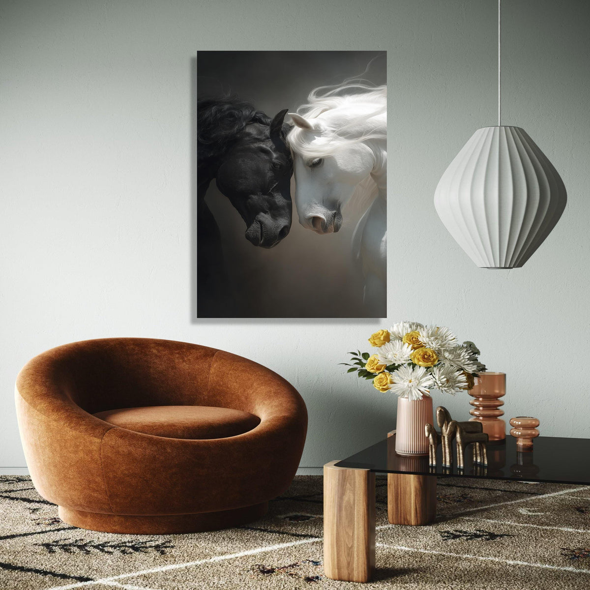 Black and White Horses Canvas Wall Art, Equine Portrait Canvas, Animal Love Wall Decor, Dual Tone Horse Artwork, Gift Art, Home Decor, Print
