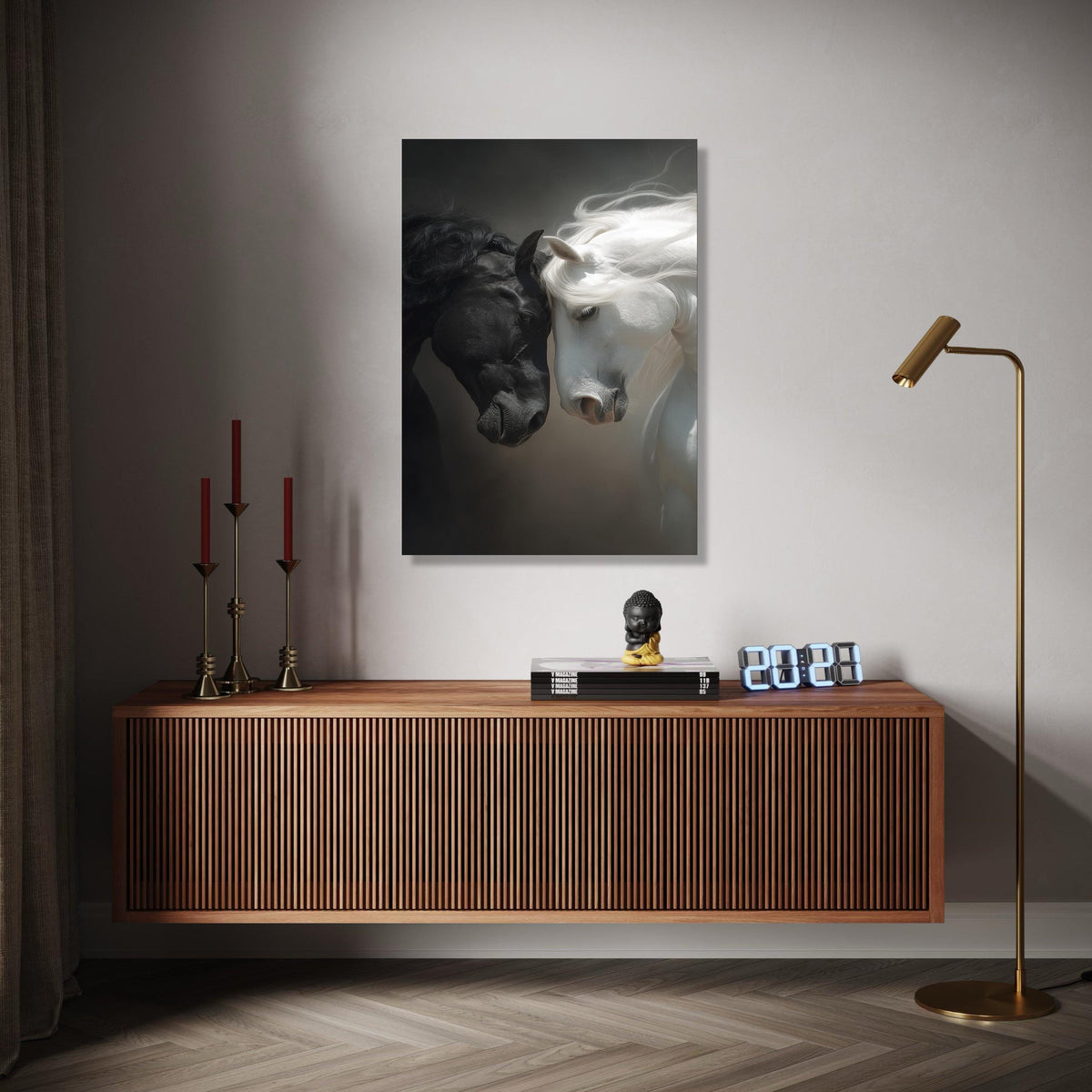 Black and White Horses Canvas Wall Art, Equine Portrait Canvas, Animal Love Wall Decor, Dual Tone Horse Artwork, Gift Art, Home Decor, Print