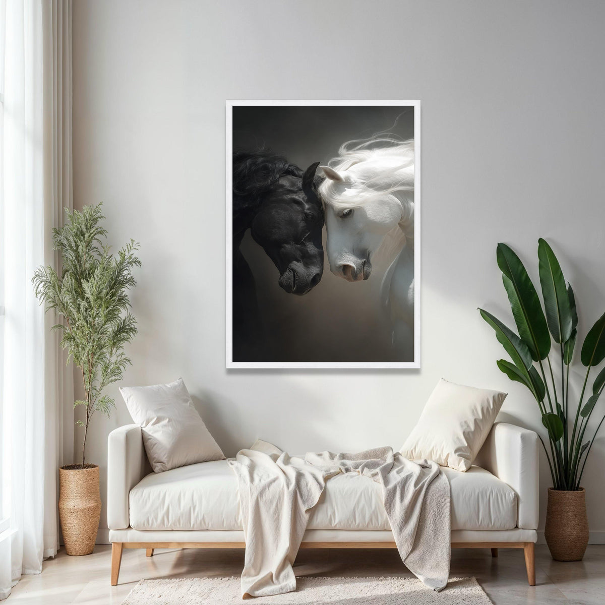 Black and White Horses Canvas Wall Art, Equine Portrait Canvas, Animal Love Wall Decor, Dual Tone Horse Artwork, Gift Art, Home Decor, Print