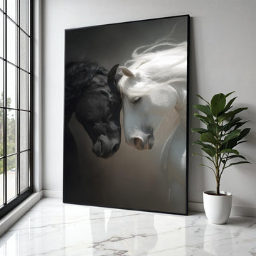 Black and White Horses Canvas Wall Art, Equine Portrait Canvas, Animal Love Wall Decor, Dual Tone Horse Artwork, Gift Art, Home Decor, Print