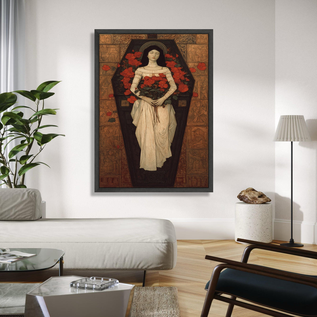 Gothic Victorian Woman in Coffin Canvas, Red Flowers Floral Art, Romantic Mourning Wall Decor, Vintage Gothic Gift Art, Home Decor, Print