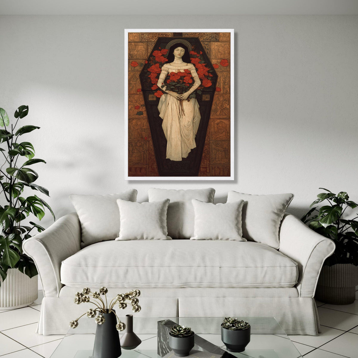 Gothic Victorian Woman in Coffin Canvas, Red Flowers Floral Art, Romantic Mourning Wall Decor, Vintage Gothic Gift Art, Home Decor, Print