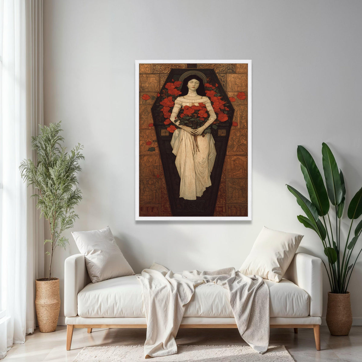 Gothic Victorian Woman in Coffin Canvas, Red Flowers Floral Art, Romantic Mourning Wall Decor, Vintage Gothic Gift Art, Home Decor, Print