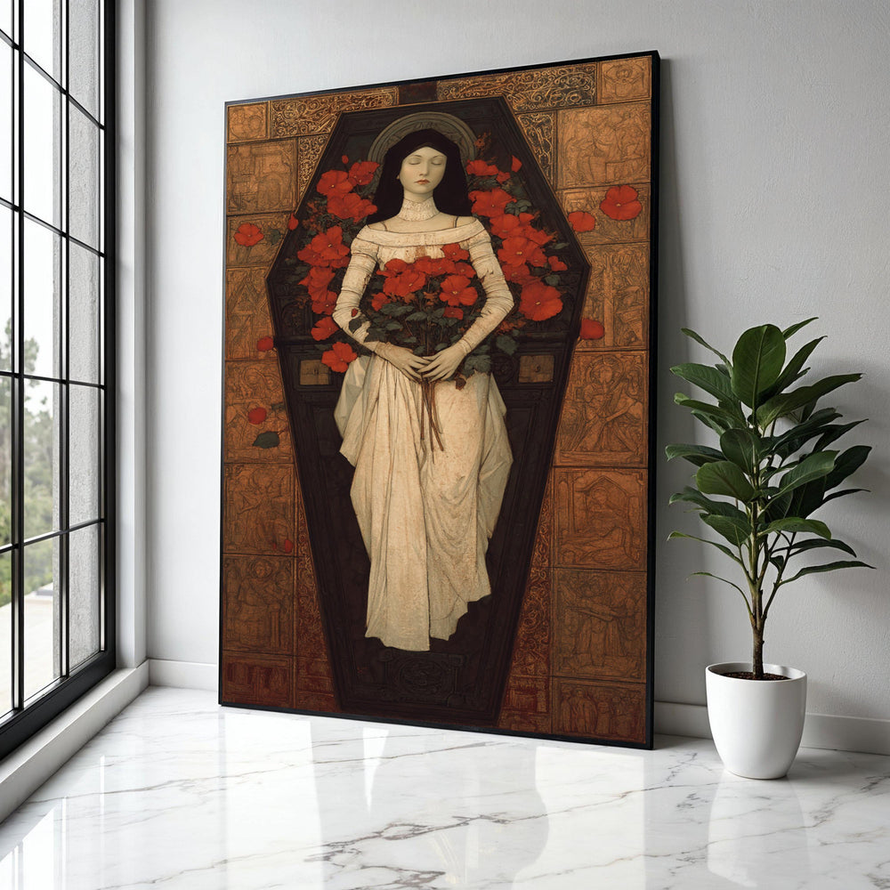 Gothic Victorian Woman in Coffin Canvas, Red Flowers Floral Art, Romantic Mourning Wall Decor, Vintage Gothic Gift Art, Home Decor, Print