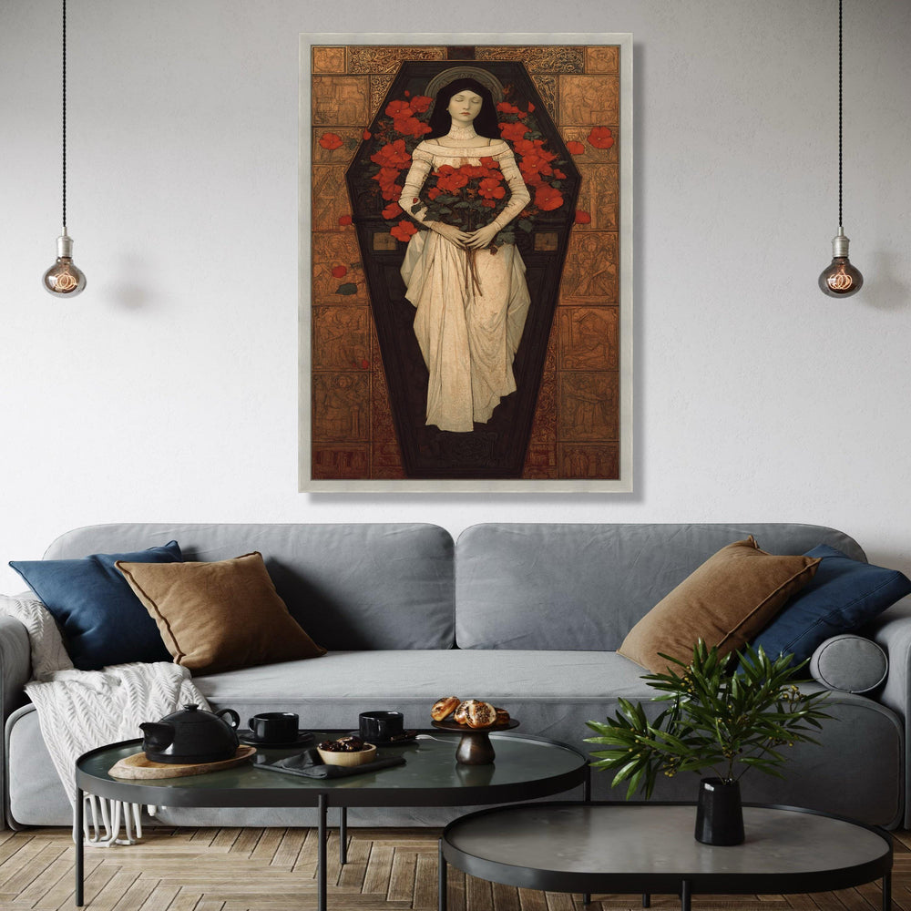 Gothic Victorian Woman in Coffin Canvas, Red Flowers Floral Art, Romantic Mourning Wall Decor, Vintage Gothic Gift Art, Home Decor, Print