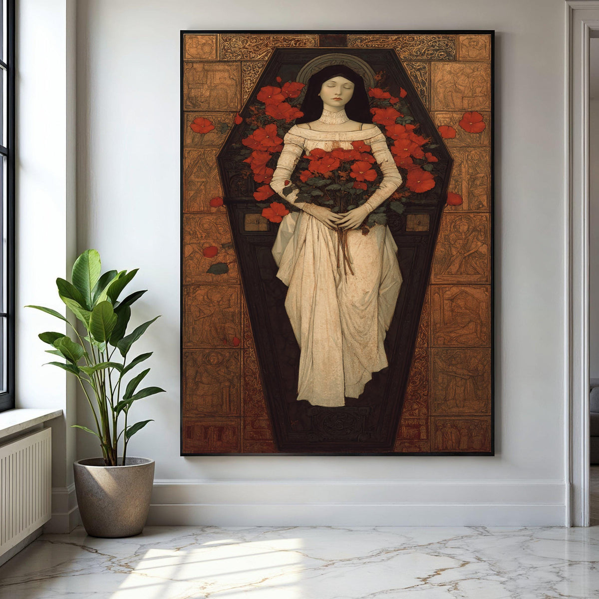 Gothic Victorian Woman in Coffin Canvas, Red Flowers Floral Art, Romantic Mourning Wall Decor, Vintage Gothic Gift Art, Home Decor, Print