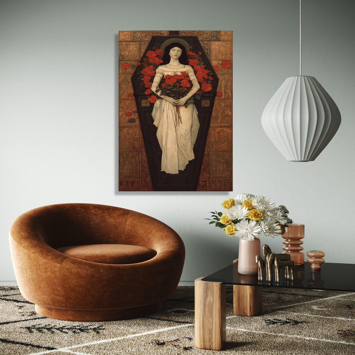 Gothic Victorian Woman in Coffin Canvas, Red Flowers Floral Art, Romantic Mourning Wall Decor, Vintage Gothic Gift Art, Home Decor, Print