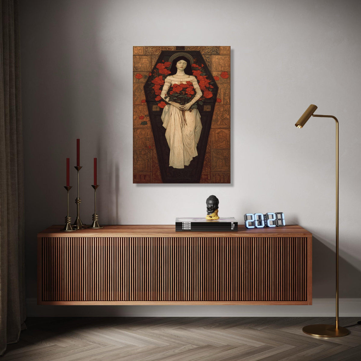 Gothic Victorian Woman in Coffin Canvas, Red Flowers Floral Art, Romantic Mourning Wall Decor, Vintage Gothic Gift Art, Home Decor, Print