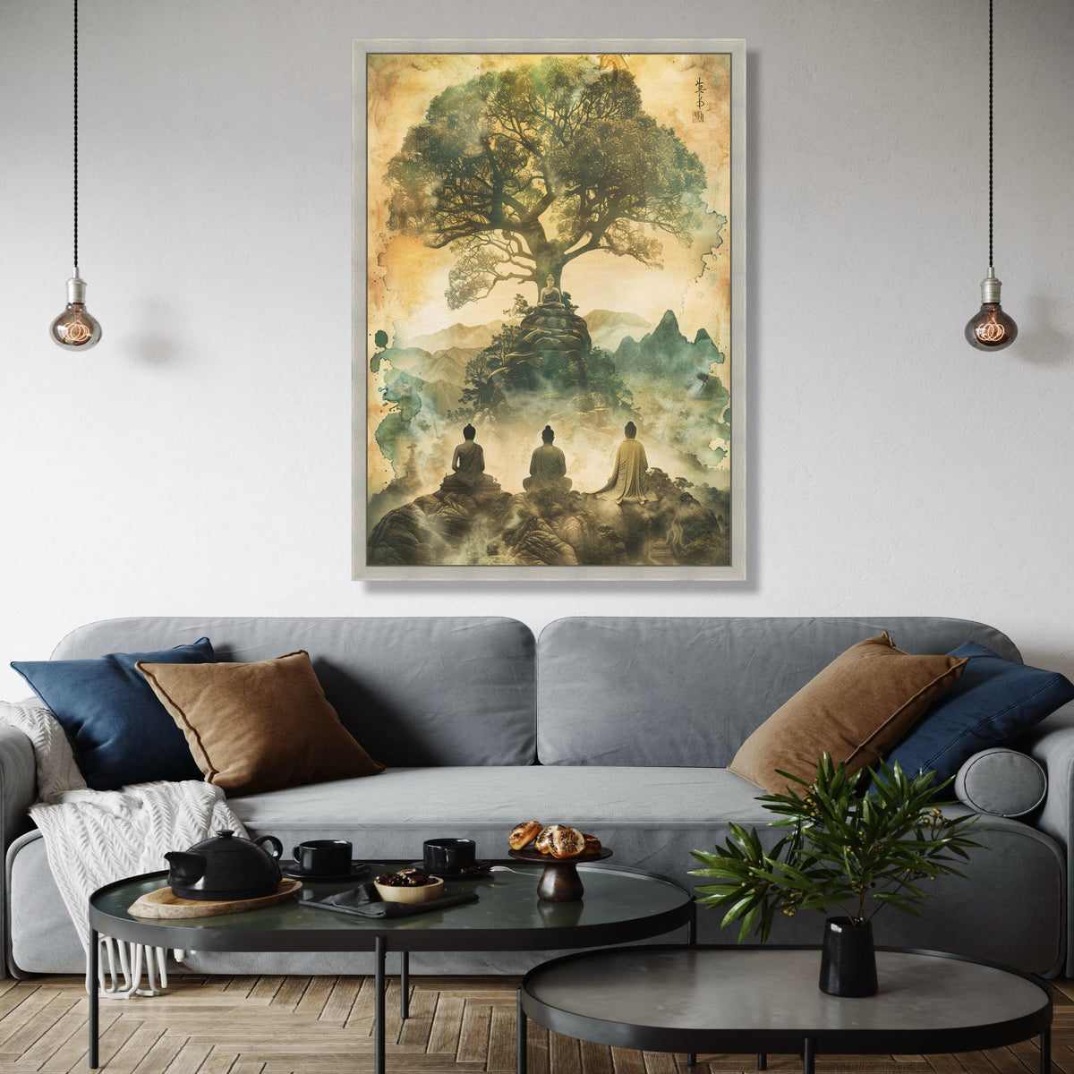 Tranquil Buddha Meditation Canvas, Spiritual Tree of Life Wall Art, Asian Zen Landscape, Mystical Mountain Gift Art, Home Decor, Print