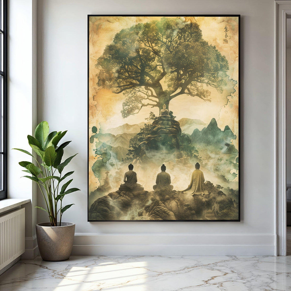 Tranquil Buddha Meditation Canvas, Spiritual Tree of Life Wall Art, Asian Zen Landscape, Mystical Mountain Gift Art, Home Decor, Print