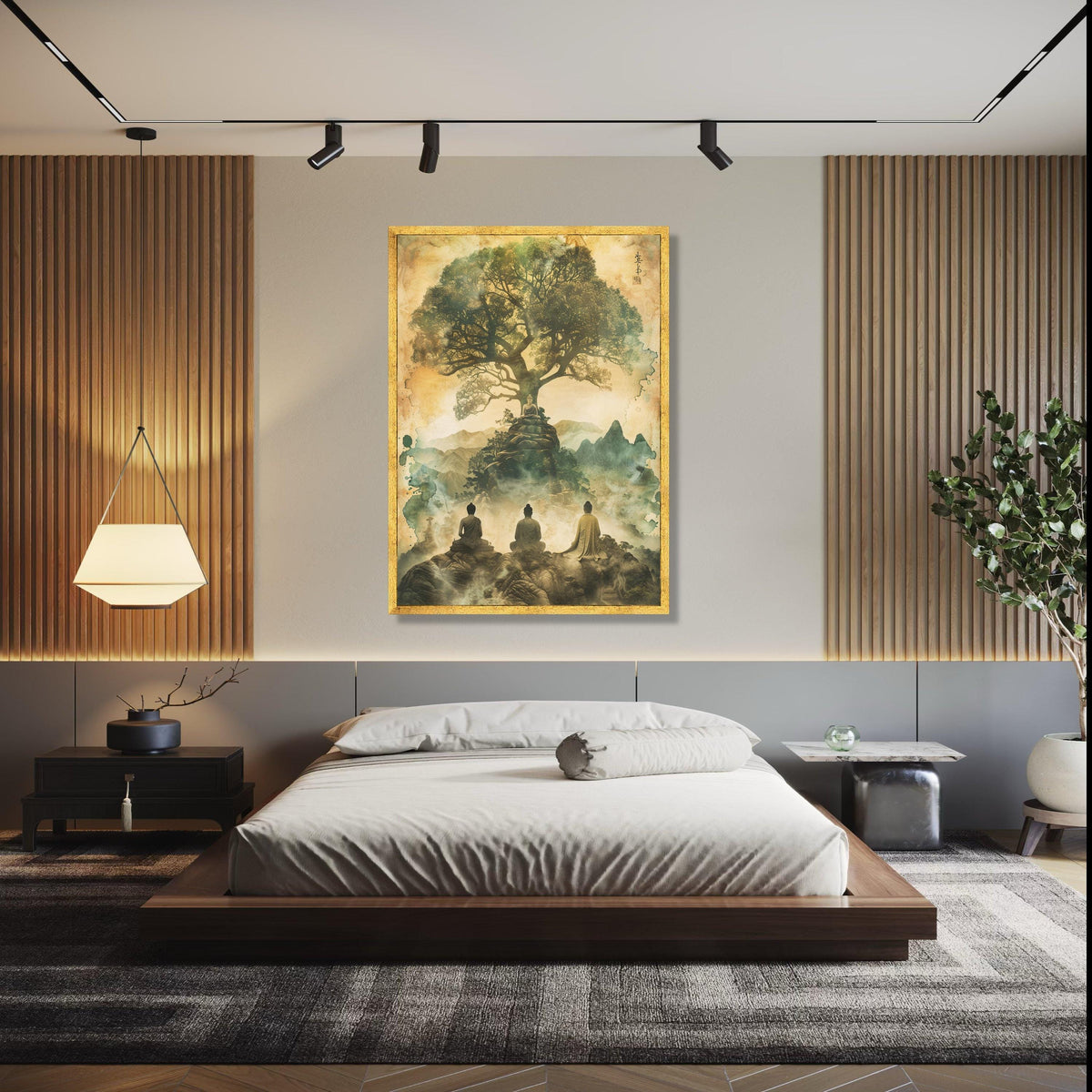 Tranquil Buddha Meditation Canvas, Spiritual Tree of Life Wall Art, Asian Zen Landscape, Mystical Mountain Gift Art, Home Decor, Print