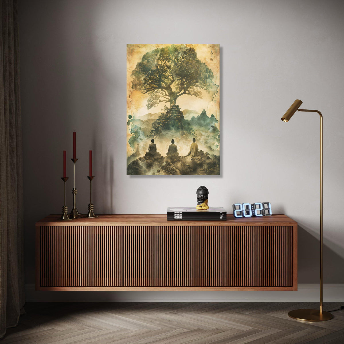 Tranquil Buddha Meditation Canvas, Spiritual Tree of Life Wall Art, Asian Zen Landscape, Mystical Mountain Gift Art, Home Decor, Print