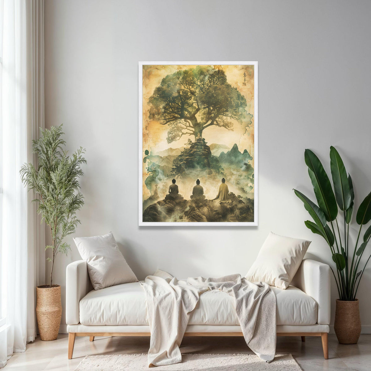Tranquil Buddha Meditation Canvas, Spiritual Tree of Life Wall Art, Asian Zen Landscape, Mystical Mountain Gift Art, Home Decor, Print