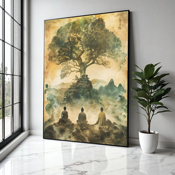 Tranquil Buddha Meditation Canvas, Spiritual Tree of Life Wall Art, Asian Zen Landscape, Mystical Mountain Gift Art, Home Decor, Print