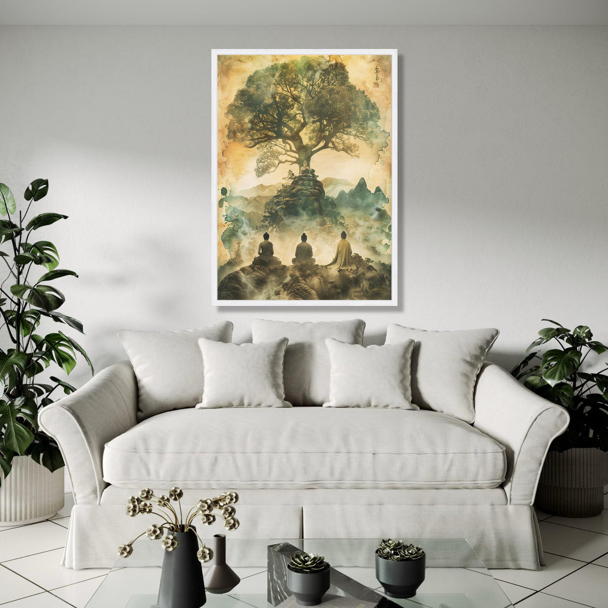 Tranquil Buddha Meditation Canvas, Spiritual Tree of Life Wall Art, Asian Zen Landscape, Mystical Mountain Gift Art, Home Decor, Print