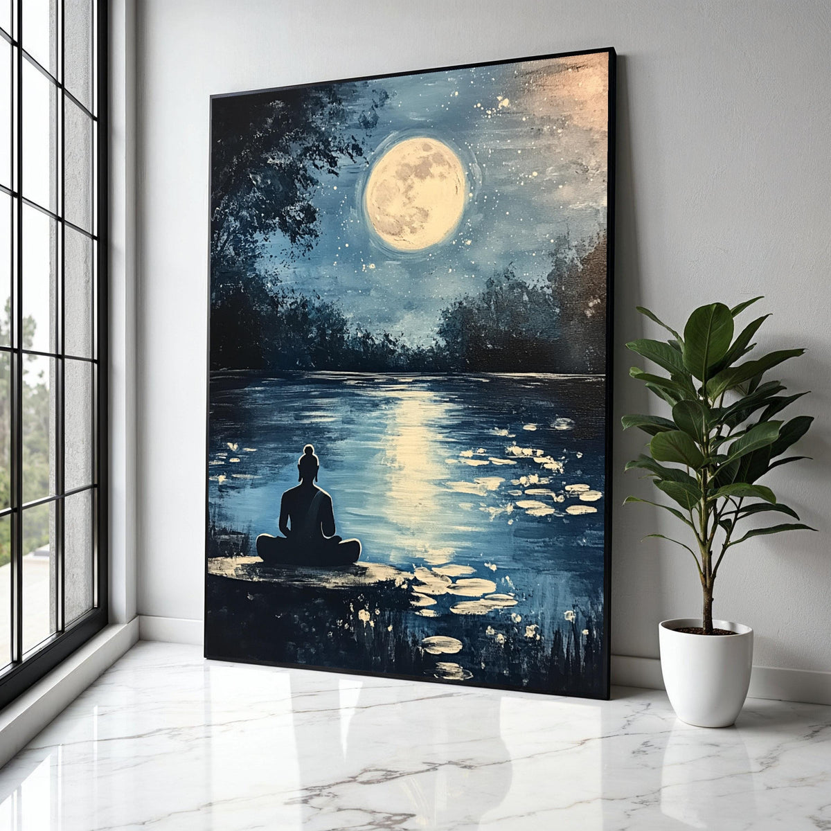 Serene Buddha Meditation Canvas, Full Moon Reflection Wall Art, Tranquil Night Landscape, Zen Home Decor, Gift Art, Home Decor, Print