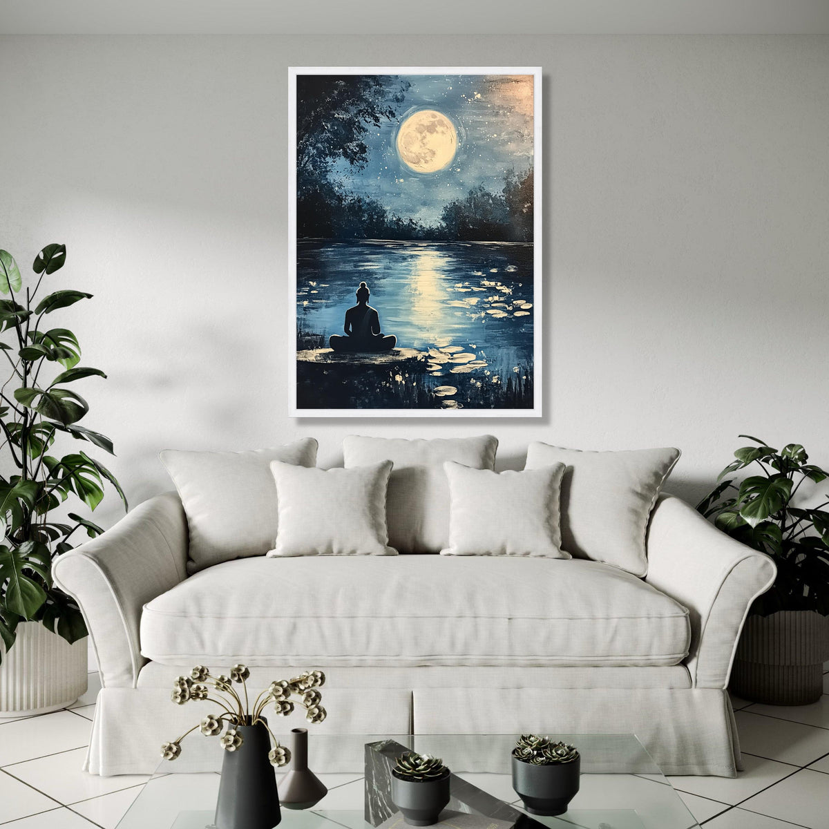 Serene Buddha Meditation Canvas, Full Moon Reflection Wall Art, Tranquil Night Landscape, Zen Home Decor, Gift Art, Home Decor, Print