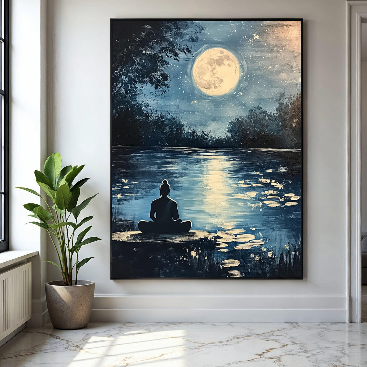 Serene Buddha Meditation Canvas, Full Moon Reflection Wall Art, Tranquil Night Landscape, Zen Home Decor, Gift Art, Home Decor, Print