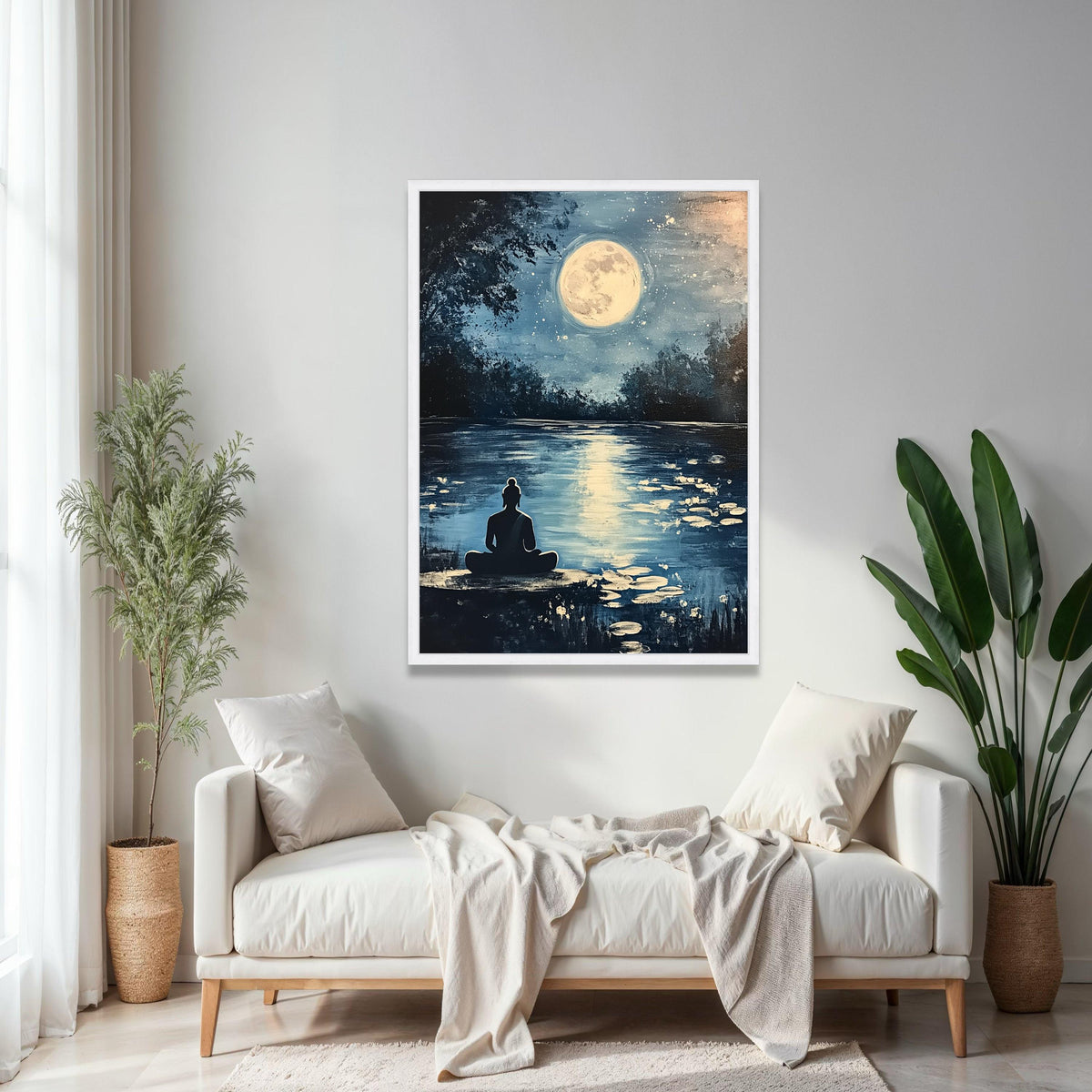 Serene Buddha Meditation Canvas, Full Moon Reflection Wall Art, Tranquil Night Landscape, Zen Home Decor, Gift Art, Home Decor, Print