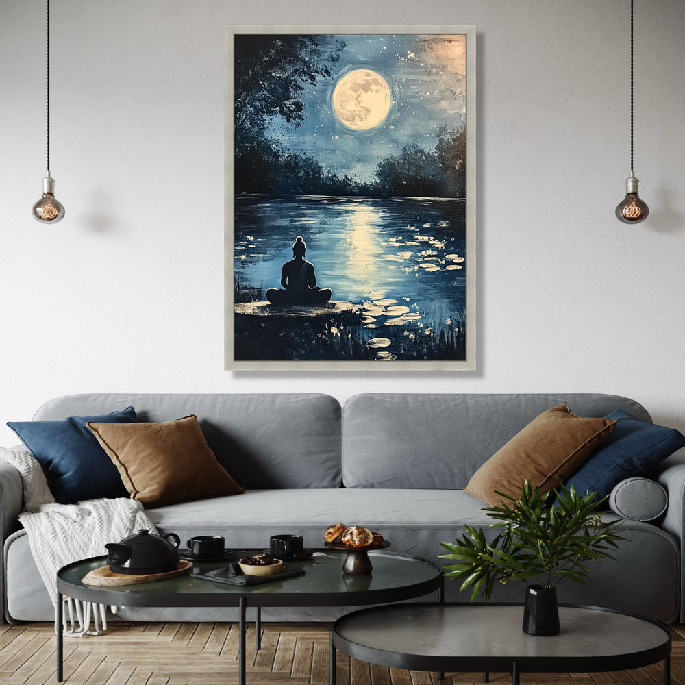Serene Buddha Meditation Canvas, Full Moon Reflection Wall Art, Tranquil Night Landscape, Zen Home Decor, Gift Art, Home Decor, Print