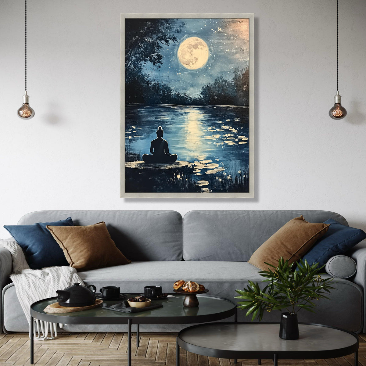 Serene Buddha Meditation Canvas, Full Moon Reflection Wall Art, Tranquil Night Landscape, Zen Home Decor, Gift Art, Home Decor, Print