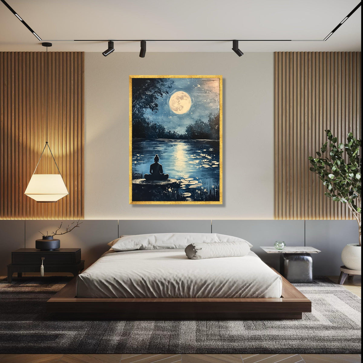 Serene Buddha Meditation Canvas, Full Moon Reflection Wall Art, Tranquil Night Landscape, Zen Home Decor, Gift Art, Home Decor, Print