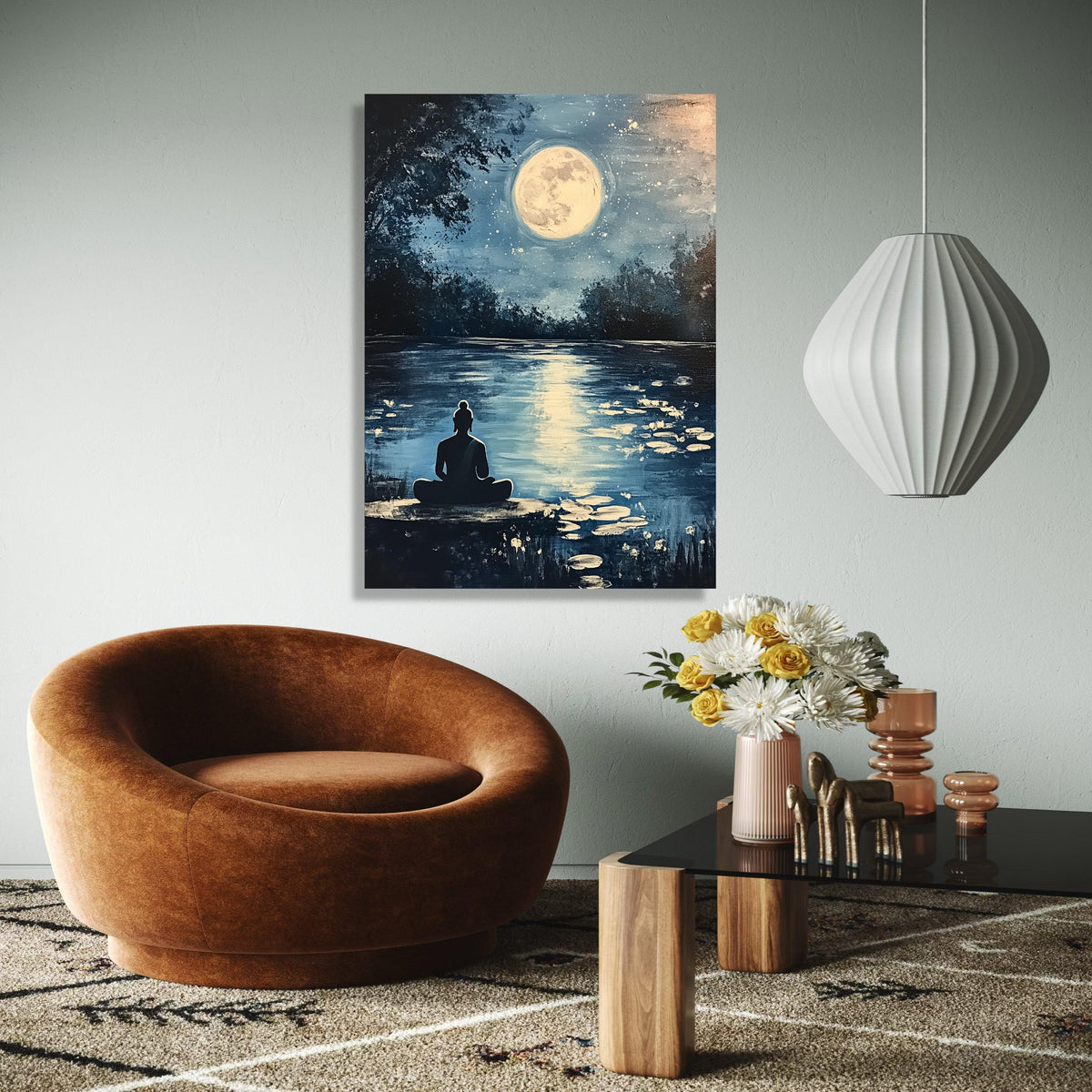 Serene Buddha Meditation Canvas, Full Moon Reflection Wall Art, Tranquil Night Landscape, Zen Home Decor, Gift Art, Home Decor, Print